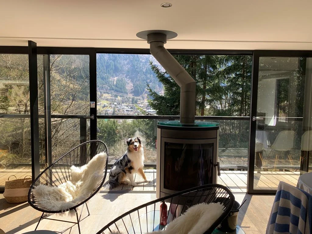 Berger australien assis près du poêle à bois dans un chalet à Chamonix, avec la vallée visible par les baies vitrées