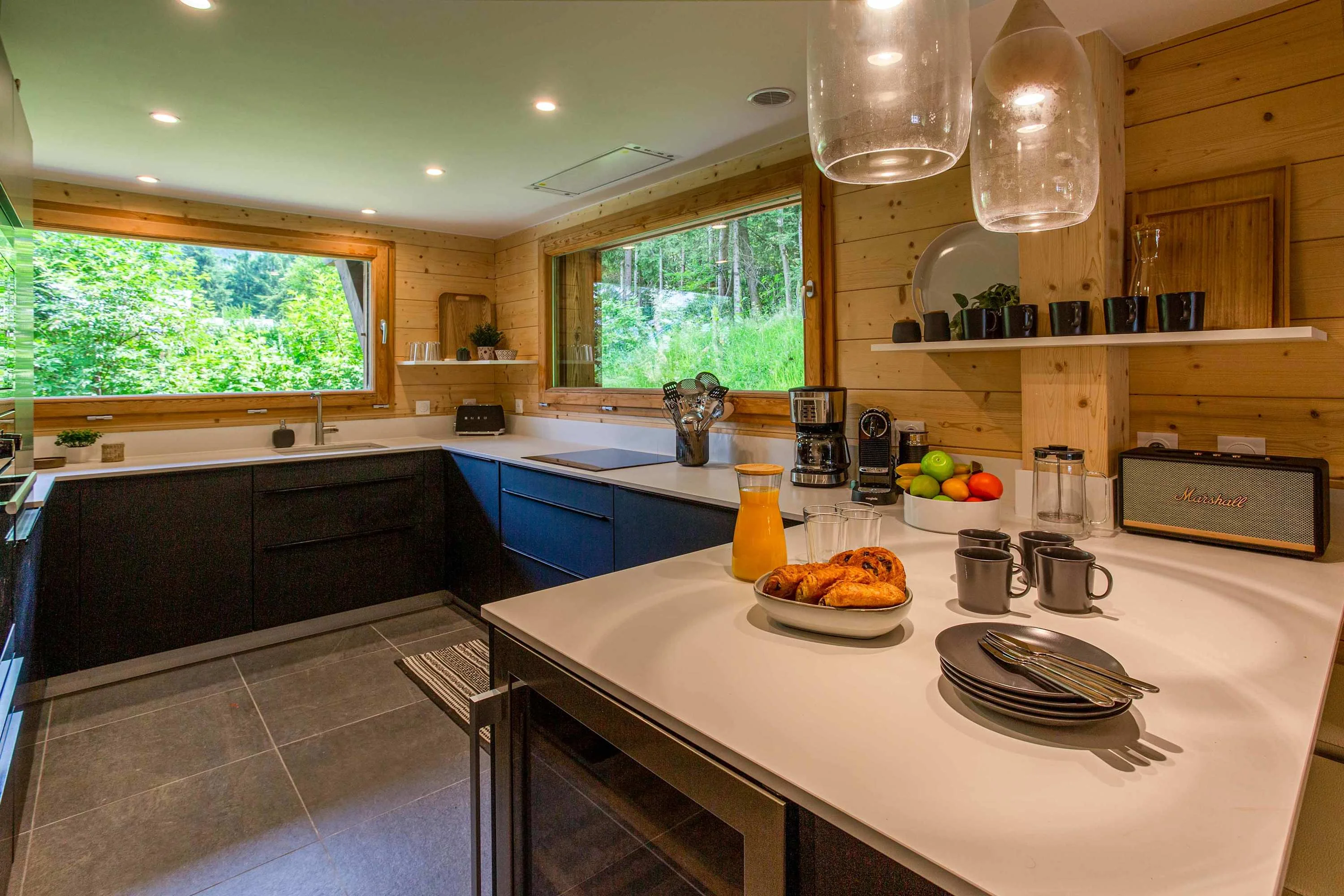 Breakfast bar in kitchen over looking living room