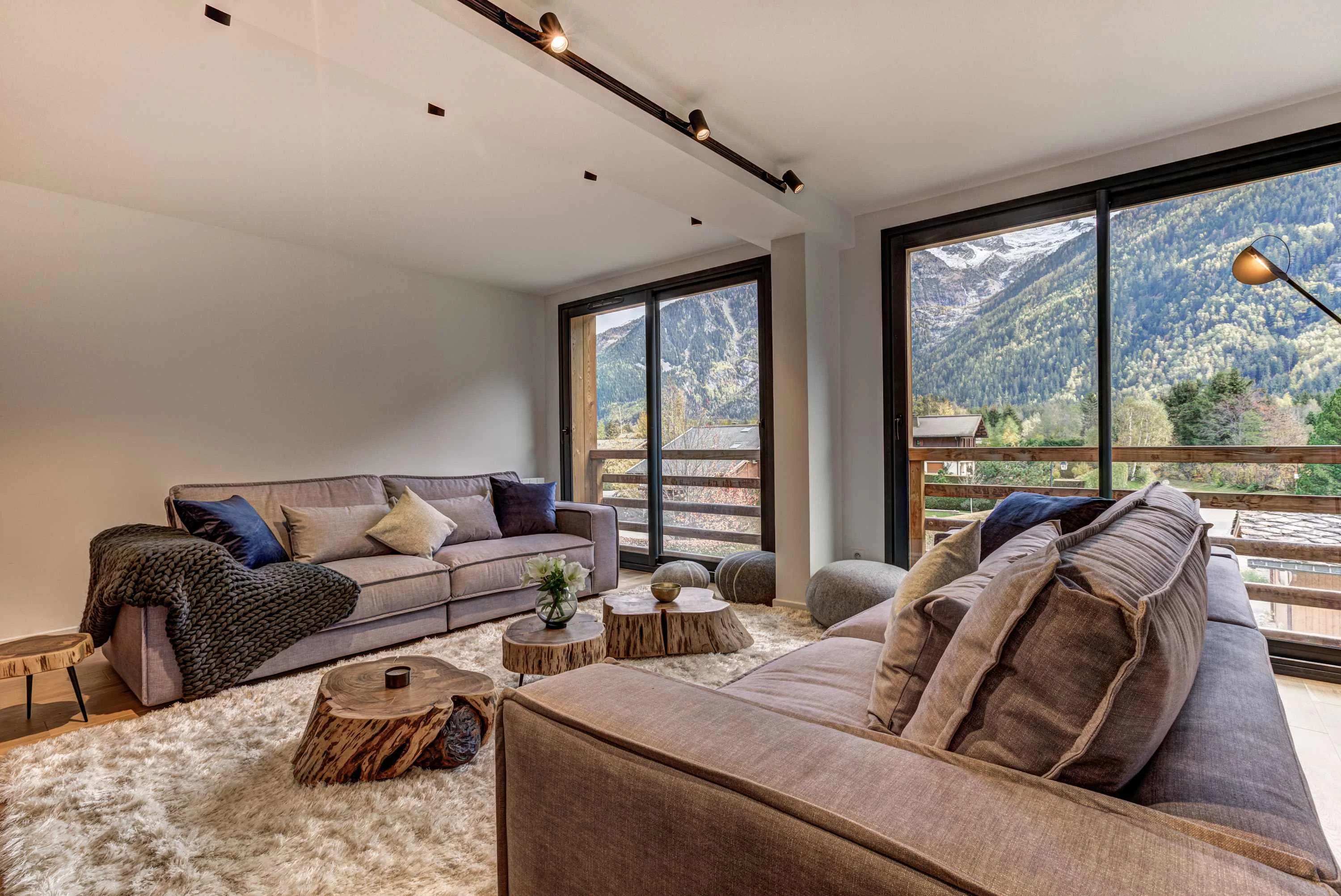 Open plan living room with 2 comfortable sofas