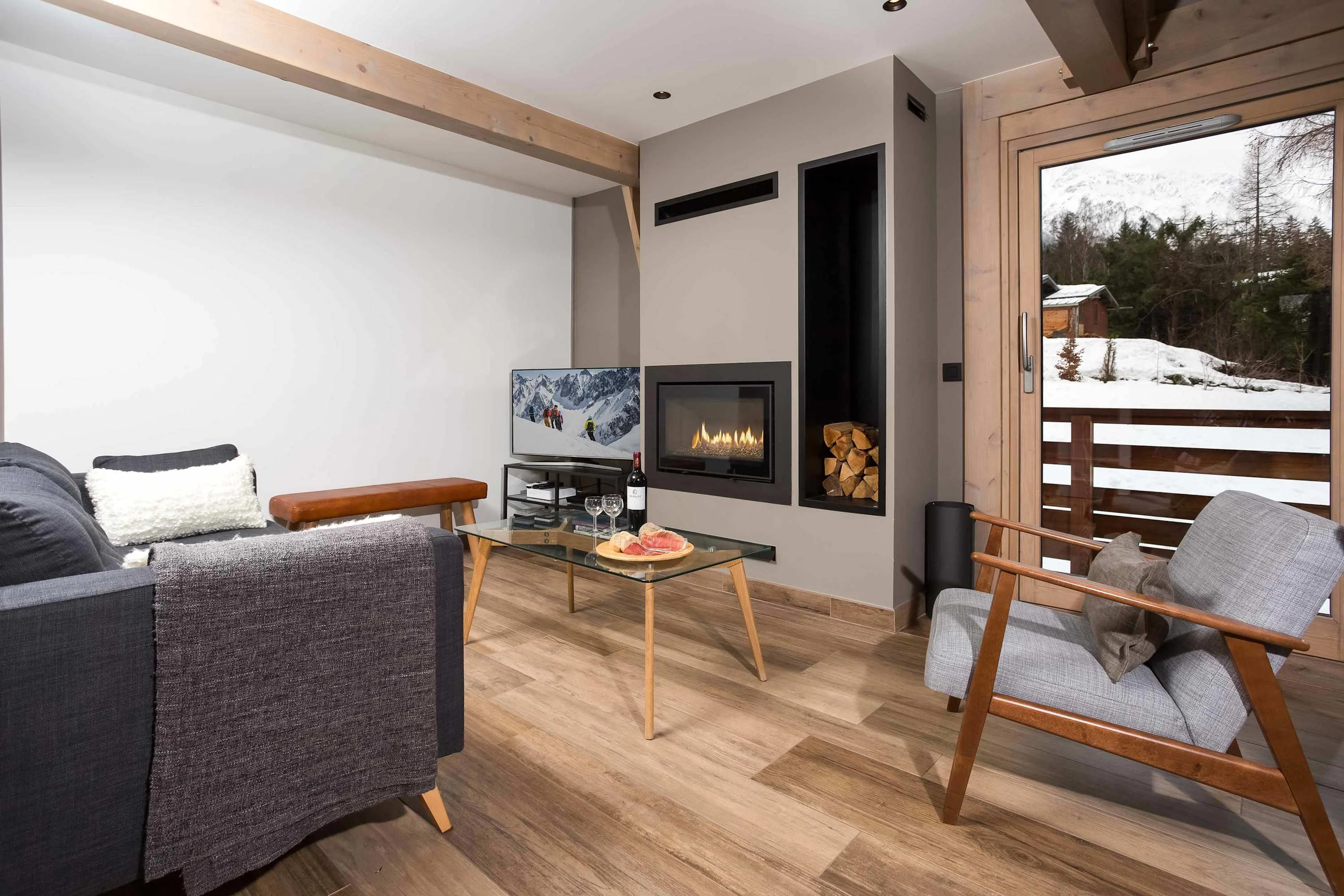 Modern lounge and log fireplace