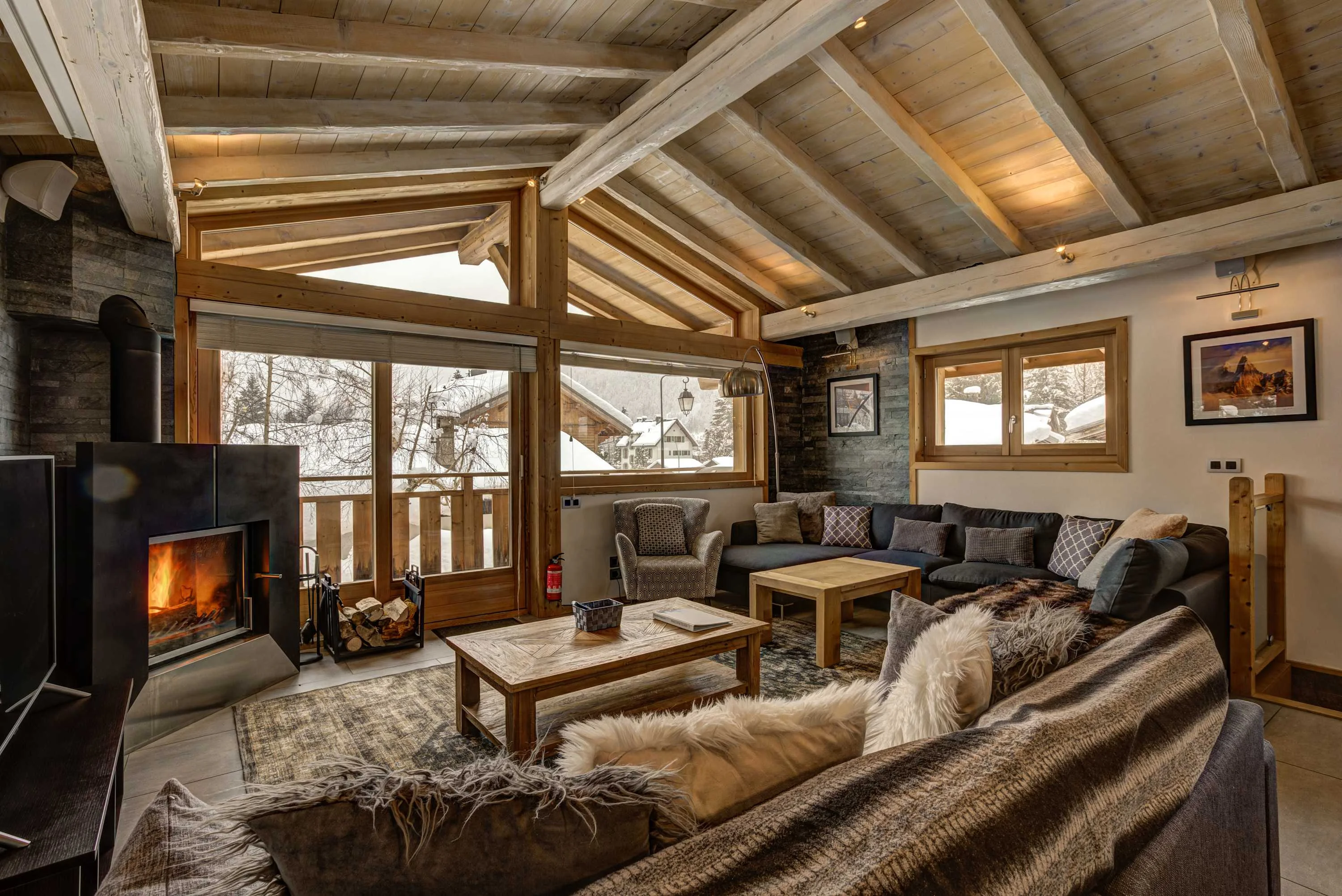 Open-plan living room with fireplace