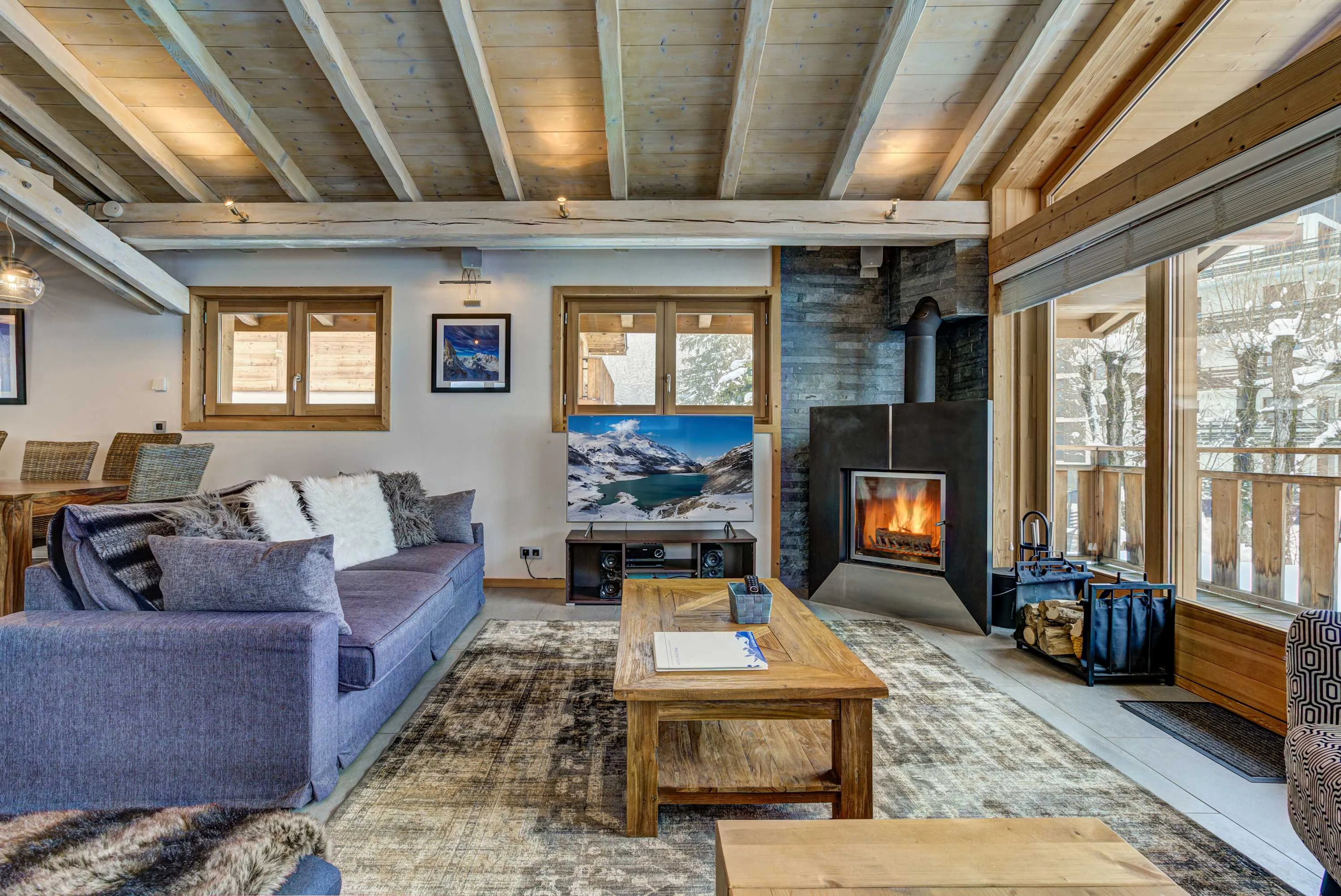 Open-plan living room with fireplace