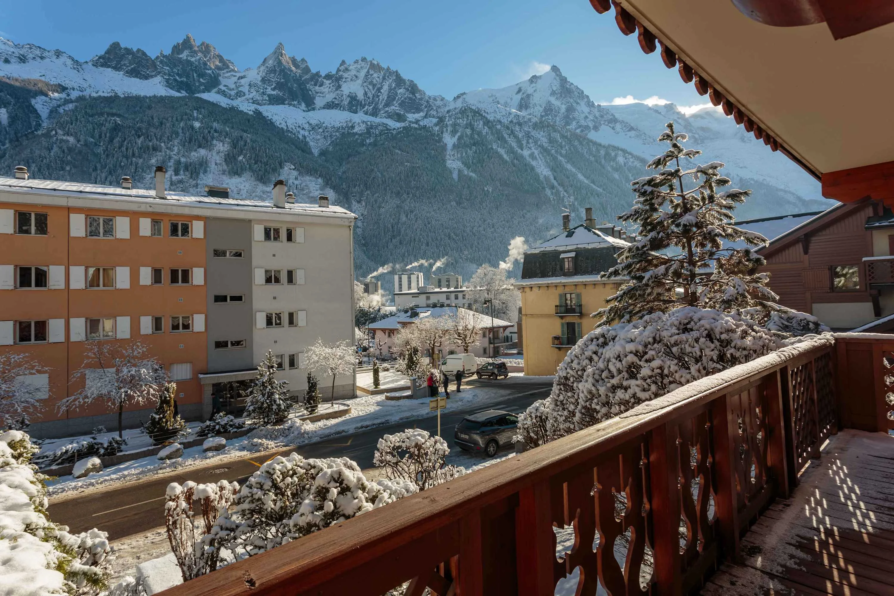 Mountain views from the balcony covered in snow
