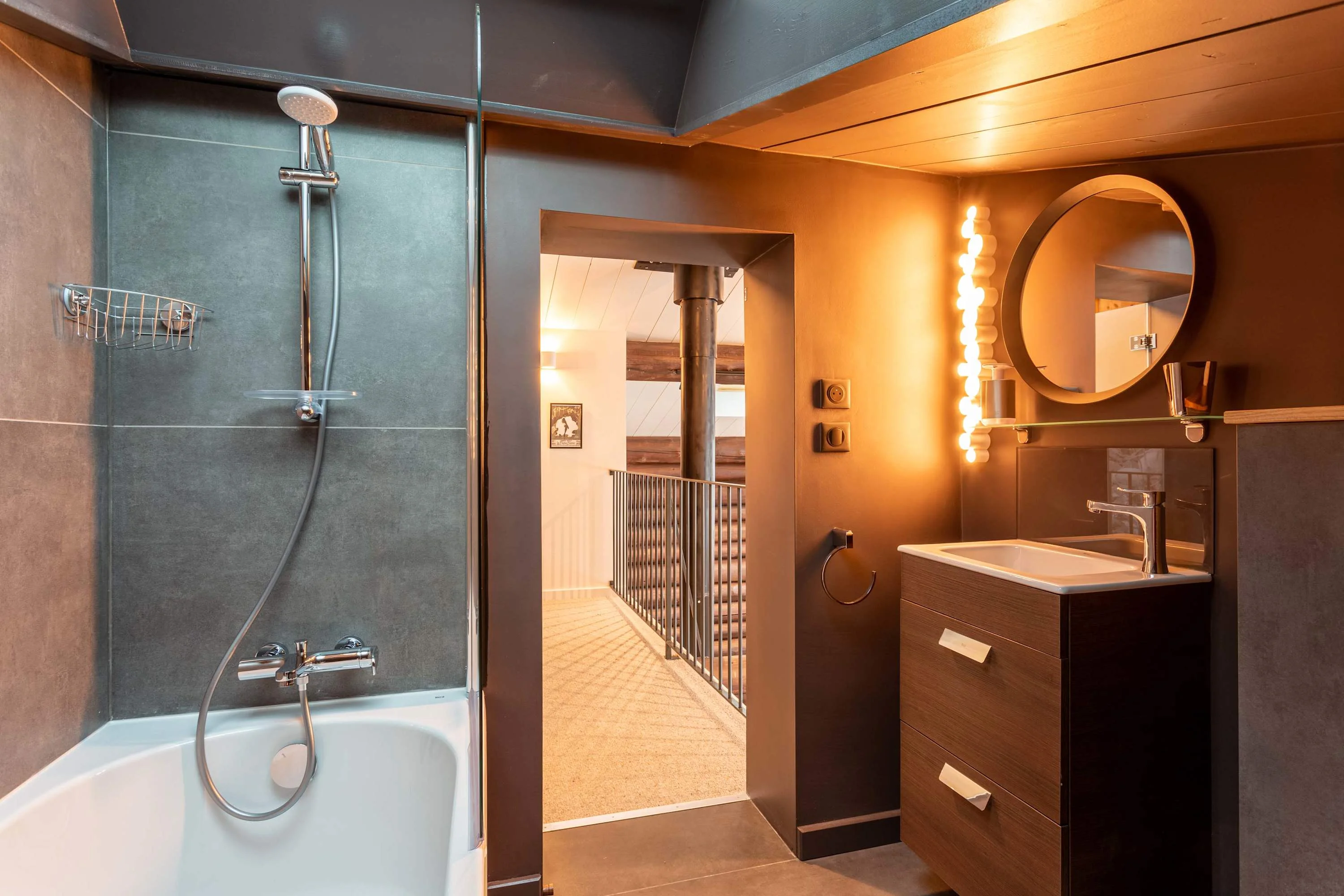 Top floor bathroom upstairs with bath & overhead shower