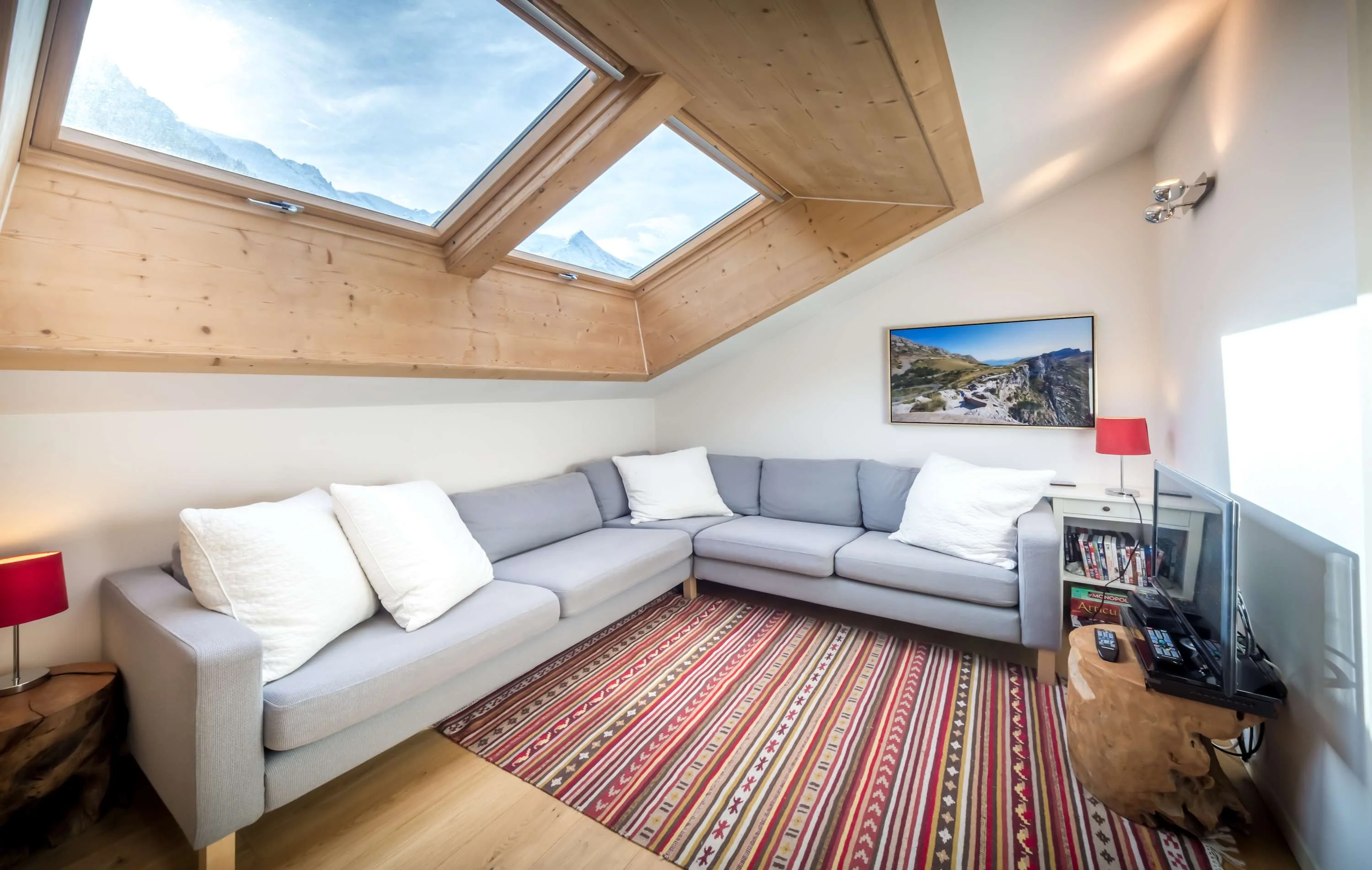 Rupicapra's cosy living room has large roof windows for viewing Mont Blanc